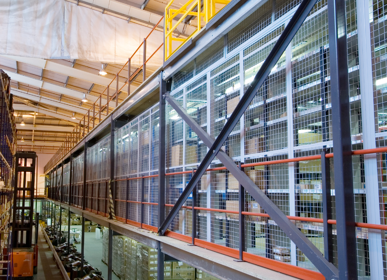 mezzanine with stock in logistics warehouse